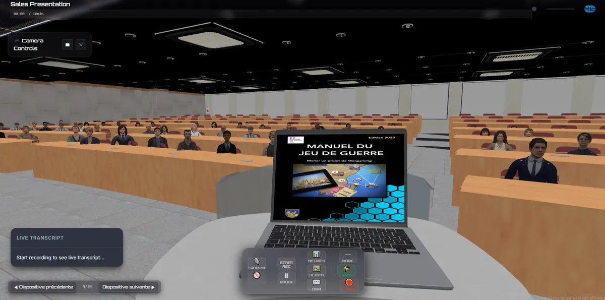 A professional lecture hall environment where frameworks help speakers communicate clearly under pressure