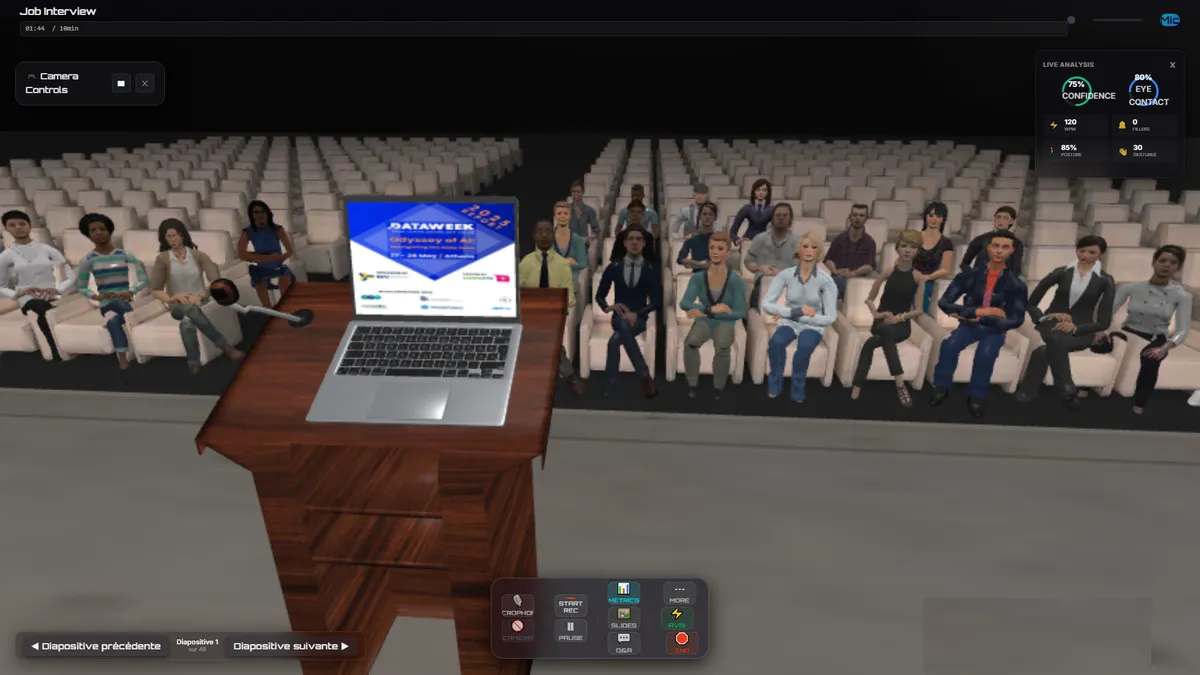 Practice session in a 3D virtual theater environment with an animated audience