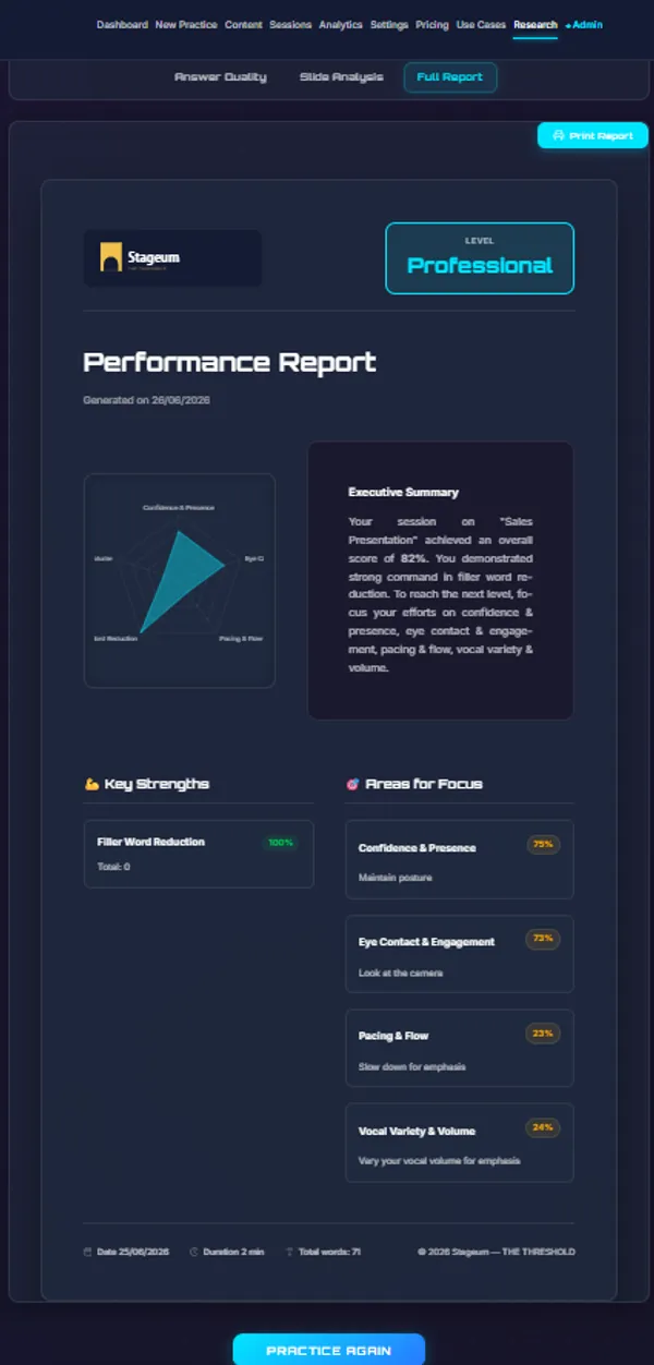 Stageum session performance report showing metrics for pacing, filler words, confidence, and eye contact