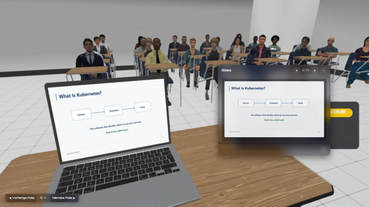 AI-powered public speaking practice session in a modern classroom environment with real-time feedback overlay